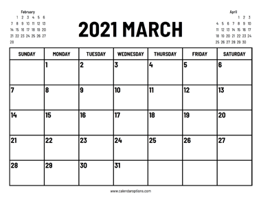 2021 March Calendar