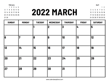 2022 March Calendar