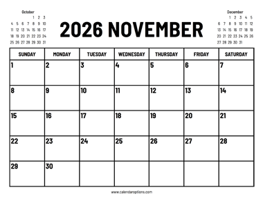 2026 November Calendar