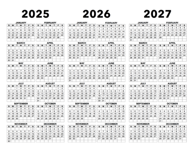 3 Year Calendar 2025 to 2027