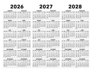 3 Year Calendar 2026 to 2028