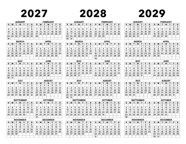 3 Year Calendar 2027 to 2029