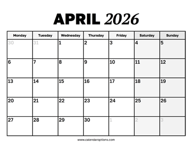 April 2026 Calendar Monday Start