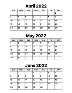 April, May and June 2022 Calendar