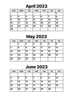 April, May and June 2023 Calendar