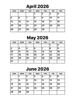 April, May and June 2026 Calendar