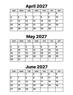 April, May and June 2027 Calendar