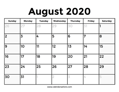 August 2020 Calendar With Holidays