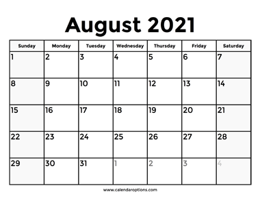 August 2021 Calendar With Holidays