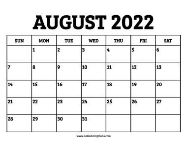 August 2022 Calendar Printable