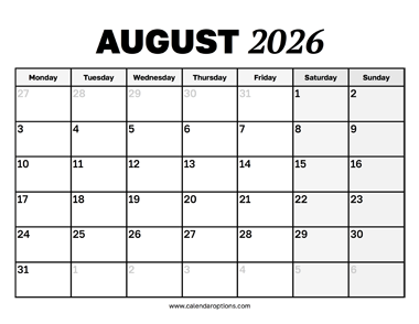 August 2026 Calendar Starting Monday