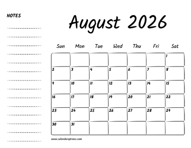 August 2026 Printable Calendar