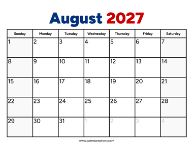 August 2027 Calendar PDF