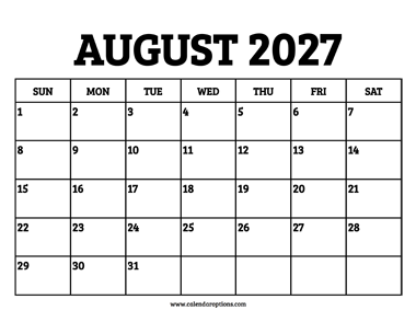 August 2027 Calendar Printable