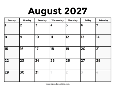 August 2027 Calendar With Holidays