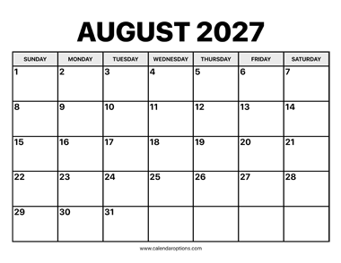 August Calendar 2027