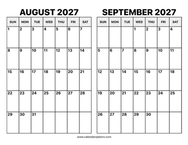 August and September 2027 Calendar