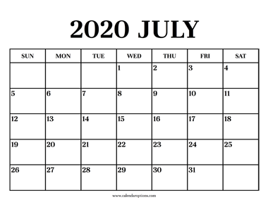 Calendar 2020 July