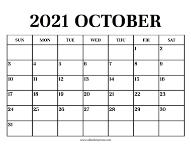 Calendar 2021 October