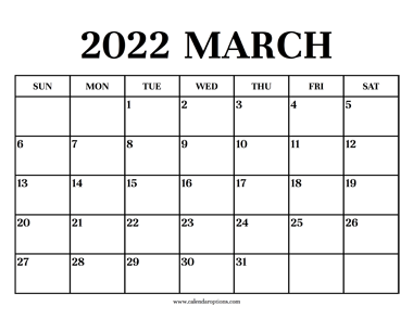 Calendar 2022 March