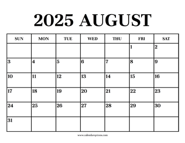 Calendar 2025 August