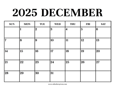 Calendar 2025 December