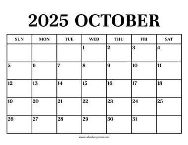 Calendar 2025 October