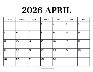 Calendar 2026 April