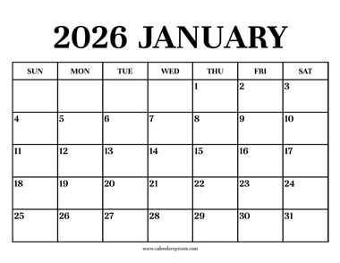 Calendar 2026 January