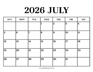 Calendar 2026 July