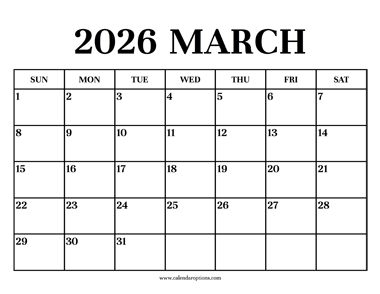 Calendar 2026 March