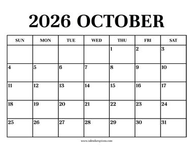 Calendar 2026 October