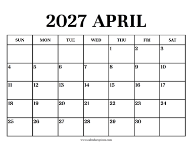 Calendar 2027 April