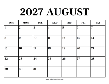 Calendar 2027 August