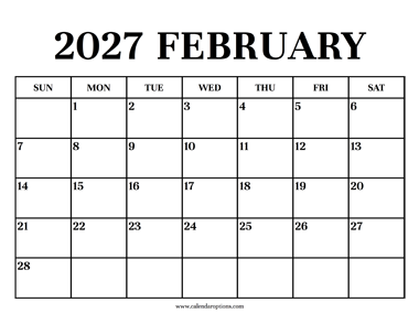 Calendar 2027 February