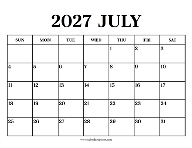 Calendar 2027 July