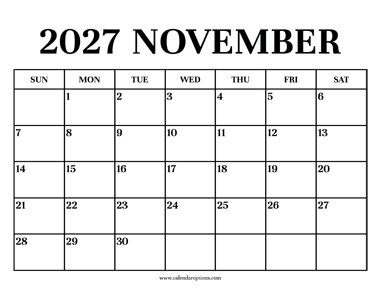 Calendar 2027 November