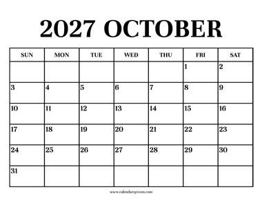 Calendar 2027 October