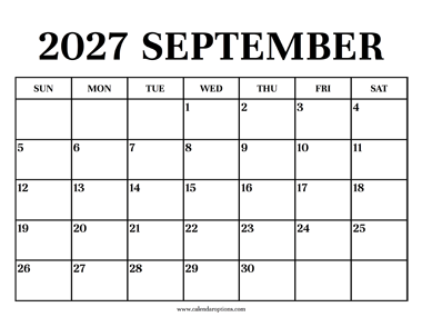 Calendar 2027 September