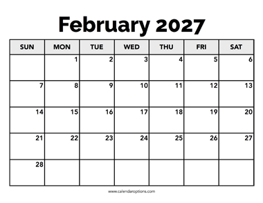 Calendar February 2027