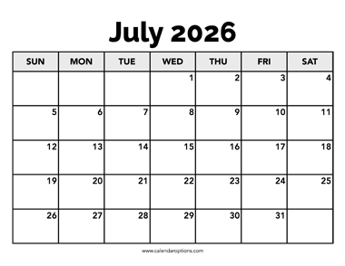 Calendar July 2026
