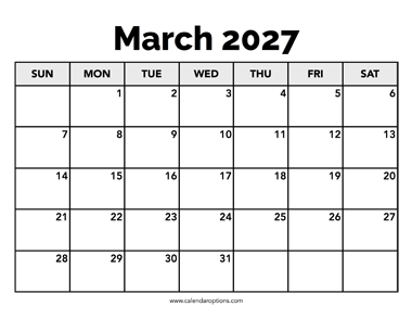 Calendar March 2027