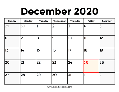 December 2020 Calendar With Holidays