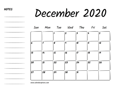 December 2020 Printable Calendar