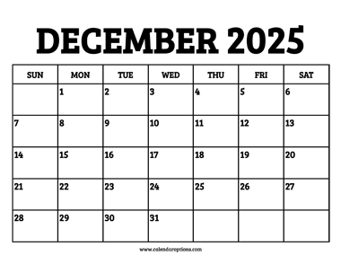 December 2025 Calendar Printable