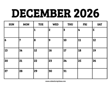 December 2026 Calendar Printable