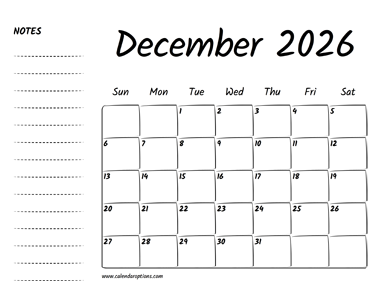 December 2026 Printable Calendar