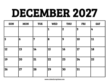 December 2027 Calendar Printable