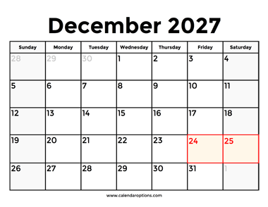December 2027 Calendar With Holidays