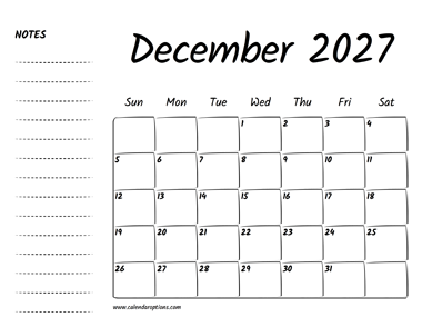 December 2027 Printable Calendar